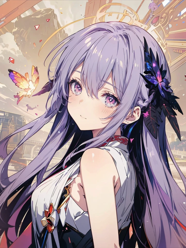 One girl, Beautiful and fine details, Long purple hair, Pale red eyes, Princess Dress, Glowing Skin, resolution, (Anime Style:1.6)High Contrast, ((Mastepiece, Highest quality))Vast landscape photography, (View from below with views of the sky and wilderness below), Girl looking up, (full moon: 1.2), (shooting star: 0.9), (nebula: 1.3), Distant Mountain, Treebreak Production Art, (Warm light source: 1.2), (fire Fly: 1.2),  Purple and Orange, Intricate details, Volumetric Lighting, Realism Break (Mastepiece: 1.2) (Highest quality), 4K, Super detailed, (Dynamic Configuration: 1.4), Extremely detailed and colorful, (Iridescent colors: 1.2), (Brilliant lighting, Ambient lighting), dream-like, Magic, (alone: 1.5)　Perfect Fingers


