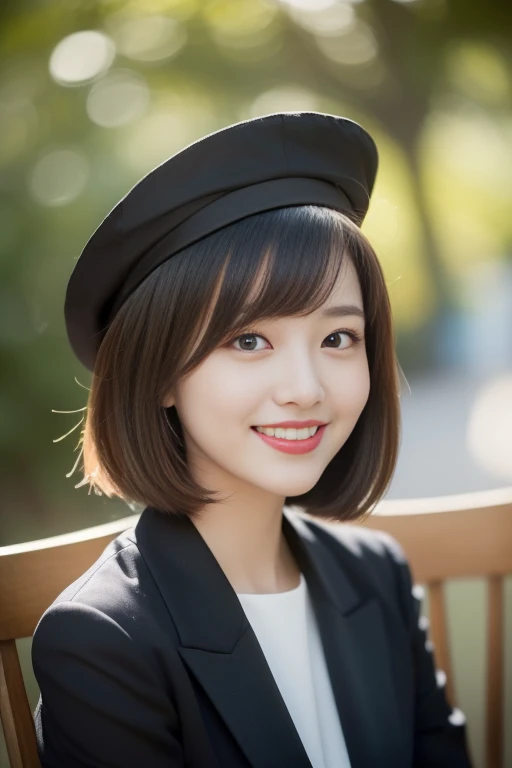 (((Top quality, 8K, Masterpiece: 1.3)), Beautiful girl, Pure, Melon face, Feminine and cute, Kind smile, Pure desire, Slender body, (Front), (Tilted head), ((Looking at camera) ), wearing a colorful suit, black silky short hair, long flowing shoulders, round black big eyes, clear big eyes, moist red lips, sweet, sitting on a chair, cafe terrace background ,(((waist shot))),SFW, Bokeh, sophie hatter, magical, hat 🎩)