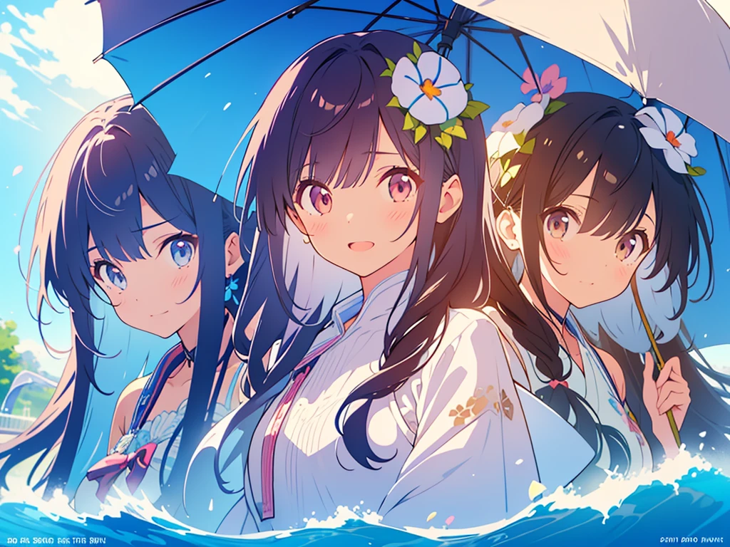kawaii, anime, Cute, hyper quality, highly detailed, 8k, Clarity, Draw facial expressions in detail, Two girls with long dark brown hair, wink, after the rain, the ground is wet, hold an umbrella, rainbow in the sky, cumulonimbus, morning glory, morning glory flower, colorful morning glory, pink morning glory flower, white morning glory flower, blue morning glory flower, Draw facial expressions in detail, The petals are connected to form a trumpet shape.,