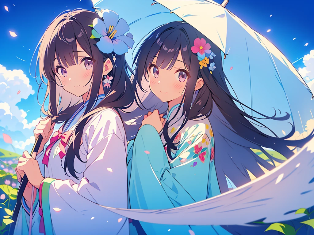 kawaii, anime, Cute, hyper quality, highly detailed, 8k, Clarity, Draw facial expressions in detail, Two girls with long dark brown hair, wink, after the rain, the ground is wet, hold an umbrella, rainbow in the sky, cumulonimbus, morning glory, morning glory flower, colorful morning glory, pink morning glory flower, white morning glory flower, blue morning glory flower, Draw facial expressions in detail, The petals are connected to form a trumpet shape., 	