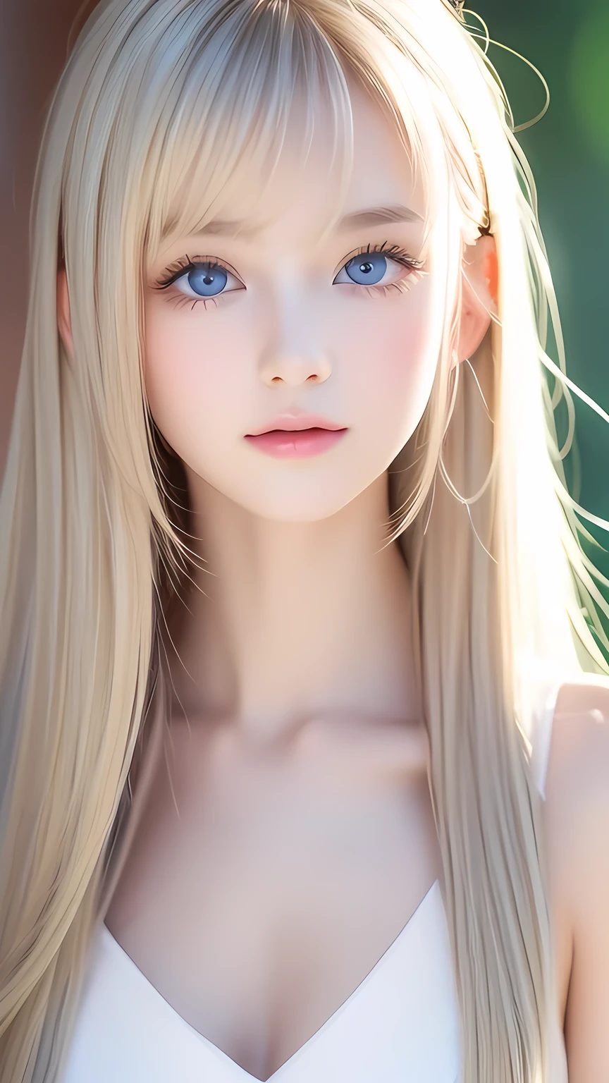 The Shining, clear, White skin、Her windblown blonde hair hides her beautiful face、A stunning 16-year-old blonde beauty、Bangs between the eyes、Cute sexy little beautiful face、Eye-catching, beautiful, super long straight hair、growing up, Large, sparkling, very bright light blue eyes、Long, silky bangs that cover cute eyes, Sexy and cute young woman with super long hair hiding her sexy face、Ultra long platinum hair、Small Face Beauty、Round face、Cheek gloss highlighter、