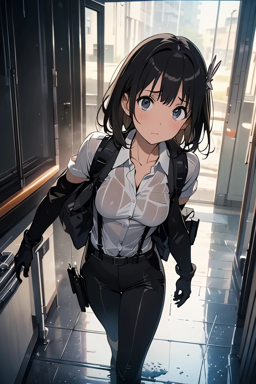 1 female, , high quality, masterpiece, Ultra-high resolution, , Cinema Lighting, , , And the suspenders with the cranes flying Large Breasts Small face holster Lying in bed Looking up Sweat belt summer 脇Sweat Black Hole Gloves suit shirt Black jacket Black trousers Leg Links ズボンにbelt holster Hands behind your back Anxious expression Looking up Anxious face, legs apart Armament Cable ties レッグholster holster See-through clothing heavy rain Getting wet in the rain