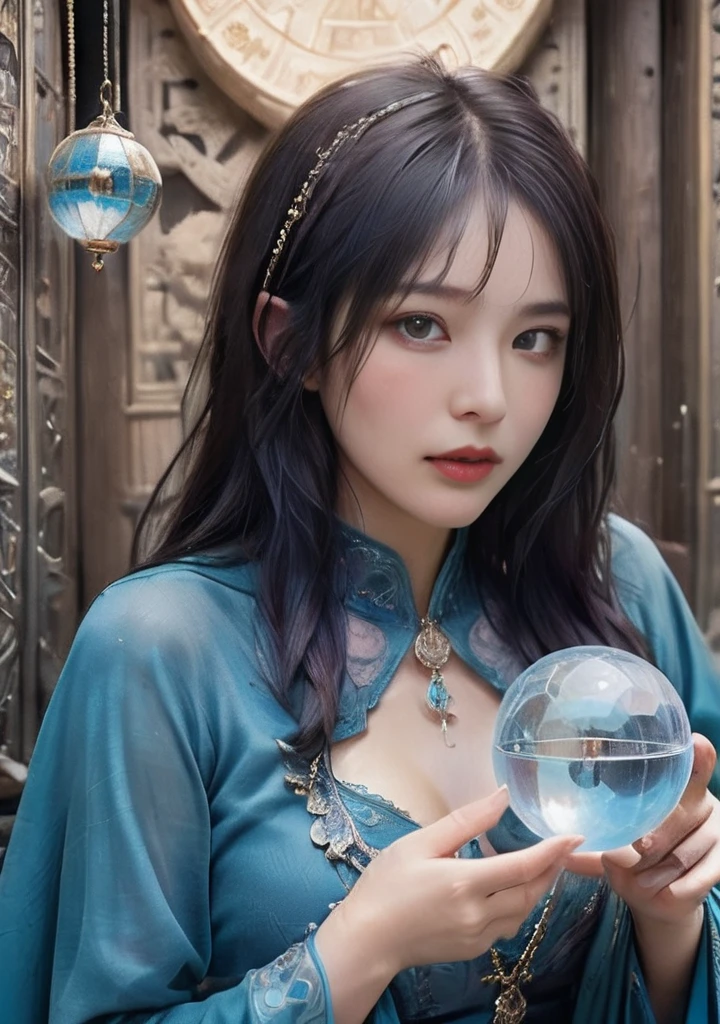 (lose-up of Hands:1.3), ultra-detailed, V0id3nergy, Raw photo、(Realistic)、(masterpiece)、(Highest quality)、(High resolution:1.37)、(8k)、(Perfect Anatomy:1.5)、(Beautiful Eyes)、Beautifully detailed face、View your viewers、One Girl、(A crystal ball is floating above two palms placed side by side.)、Anatomically perfect hands and fingers、A confident smile、magical realism、(Focus on beautiful fingers)