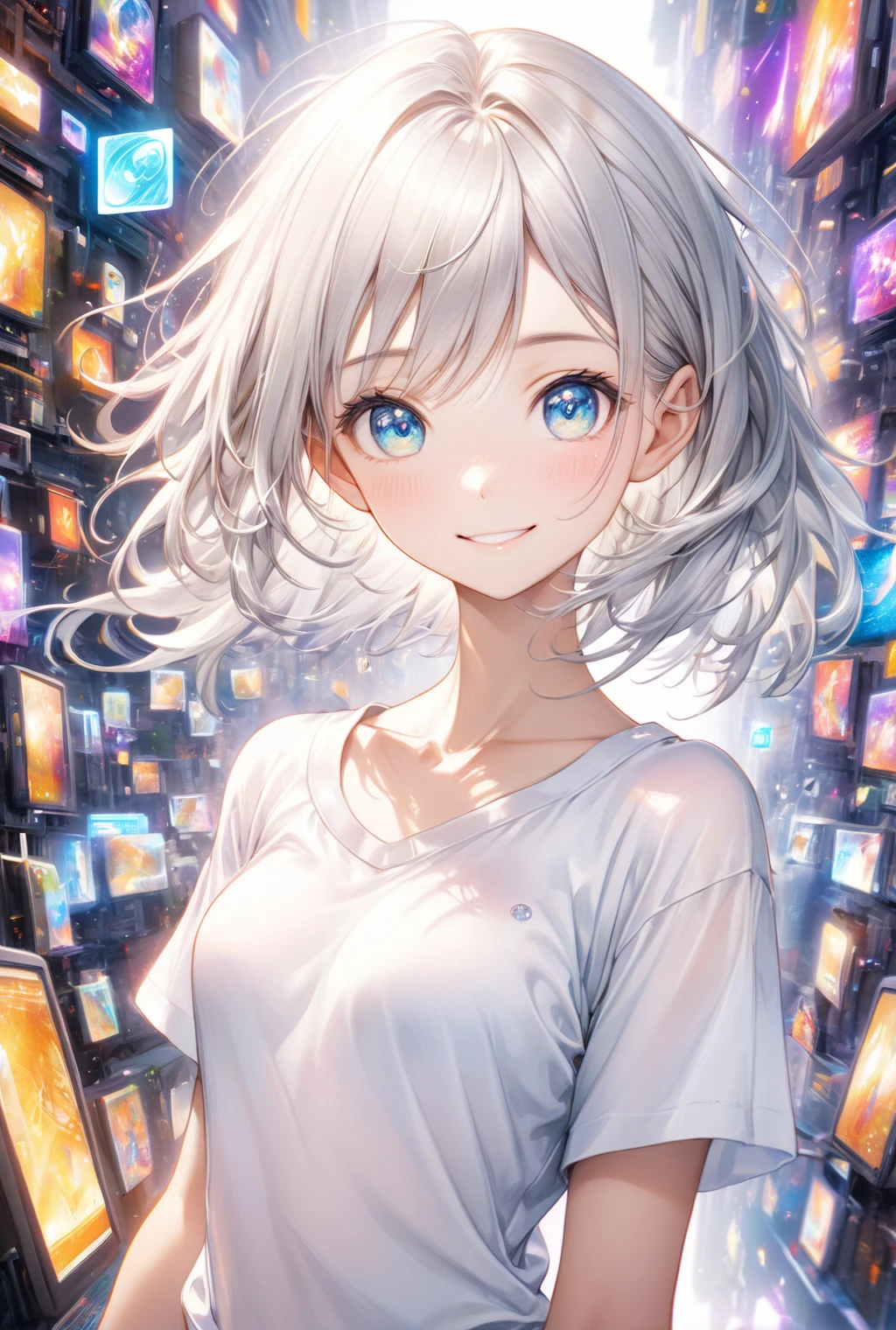 (Highest quality, 8k, 32K, masterpiece, Ultra-high resolution,:1.2),born, One girl,Super cute , Natural light,Clear, shining eyes, 20-year-old ,Fair skin, Silver hair girl, Wearing an open-necked T-shirt, Sexy pose, An innocent smile, A fantasy background reminiscent of an electronic world