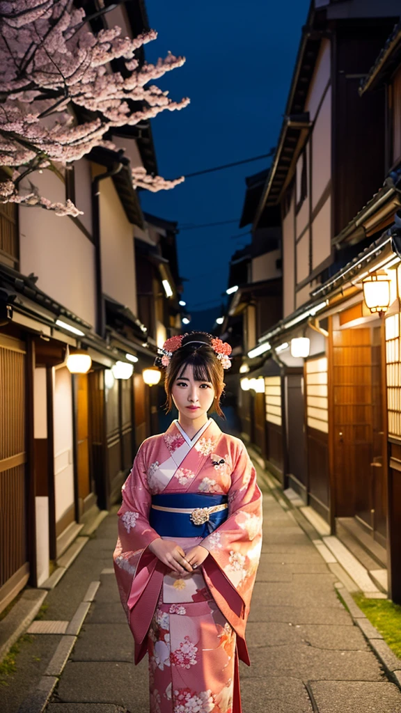 A maiko standing in Kyoto's Gion district, with traditional townhouses and cherry trees in the background. The scene is illuminated by soft street lights, highlighting her elaborate hair ornaments and beautiful kimono.