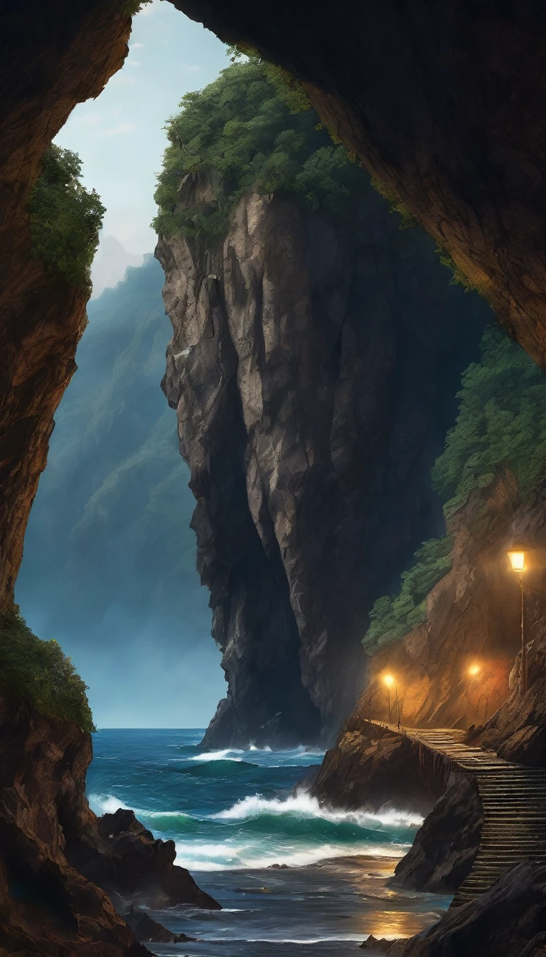 quality(masterpiece, best quality, 8k, wallpaper of extremely detailed CG unit, high resolution, top-quality, hyper-realistic, increase the resolution, RAW photos, highly detailed, best quality), BREAK, 1 person (Elisa, a young artist, exploring a dark cave, wearing casual clothes, with long hair, holding a small flashlight, intrigued expression, looking around with curiosity), BREAK, background (a dark, mysterious cave at the base of a steep cliff, illuminated by a faint light from the entrance, rough and textured rock walls, some visible sea waves crashing in the distance, tranquil coastal city visible in the background), calm and mysterious mood