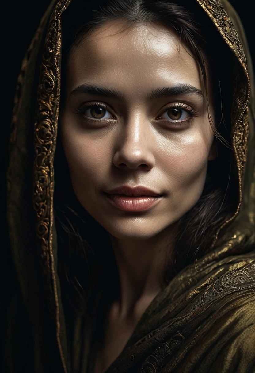 close-up, editorial photograph of a woman, highly detailed face:1.4, smile:0.7, background inside dark, moody, private study:1.3, POV, by lee jeffries, nikon d850, film stock photograph ,4 kodak portra 400 ,camera f1.6 lens ,rich colors ,hyper realistic ,lifelike texture, dramatic lighting , cinestill 800,, perfect composition, beautiful detailed intricate insanely detailed octane render trending on artstation, 8 k artistic photography, photorealistic concept art, soft natural volumetric cinematic perfect light, chiaroscuro, award - winning photograph, masterpiece, oil on canvas, raphael, caravaggio, greg rutkowski, beeple, beksinski, giger