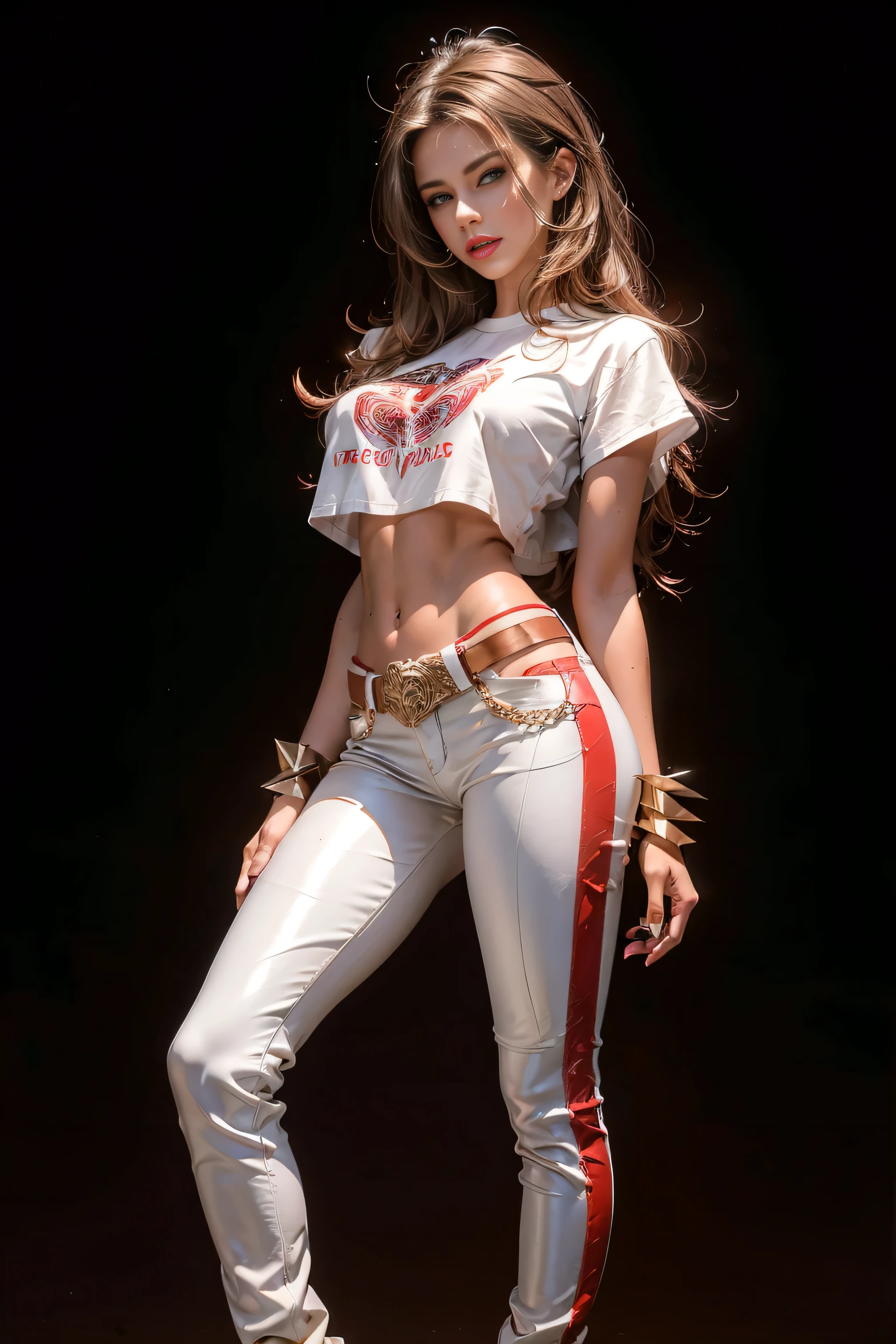 full body women 25 years old girl brown eyes long brown windblown wavy hair white skin brown eyes red lips wearing white t-shirt brown leather pants black leather western boots in front of dark background holding ornate metal chest light shadow effects complex highly detailed digital photo vivid colors, sharp shadows,