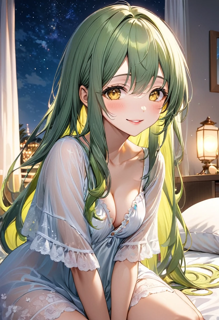 (think style), (solo:2, 15 yo, Look love face), (beautiful detailed green hair, long hair girl, sexy yellow eyes, glossy lip, medium tits, love smile), in A simple negligee, sit down on bed, break, in the cute bedroom, background beautiful summer night sky, BREAK, perfect anatomy, masterpiece, best quality, daydreaming expression.