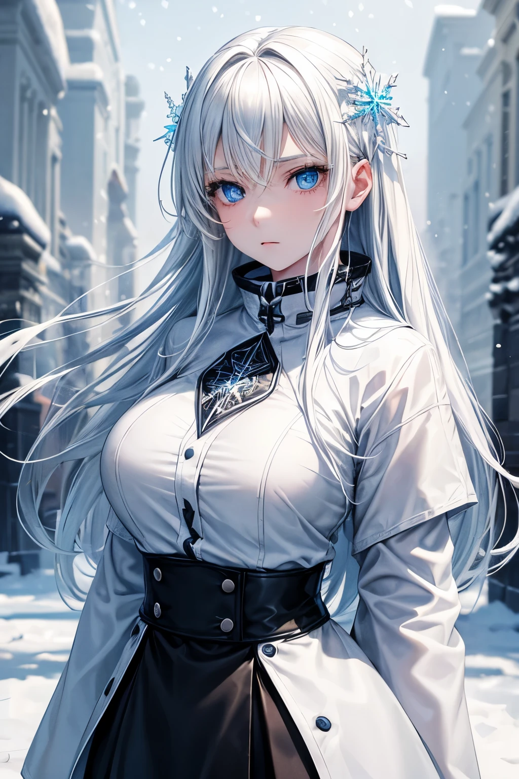 masterpiece, highlydetailed, ultra-detailed, cold, solo, (1girl), (pale skin), icyblue eyes, frosty white hair, cool Chara, flat face, young lady, lady chara, Big Breasts, Arrogant, confident, cold face, goddess, cool kuudere girl, sharp eyes, (snowy background), snowflakes, (frozen flowers:0.5), (calm expression), (sparkling ice crystals), (black modern casual clothes), (snow-covered ground), (icy breath)