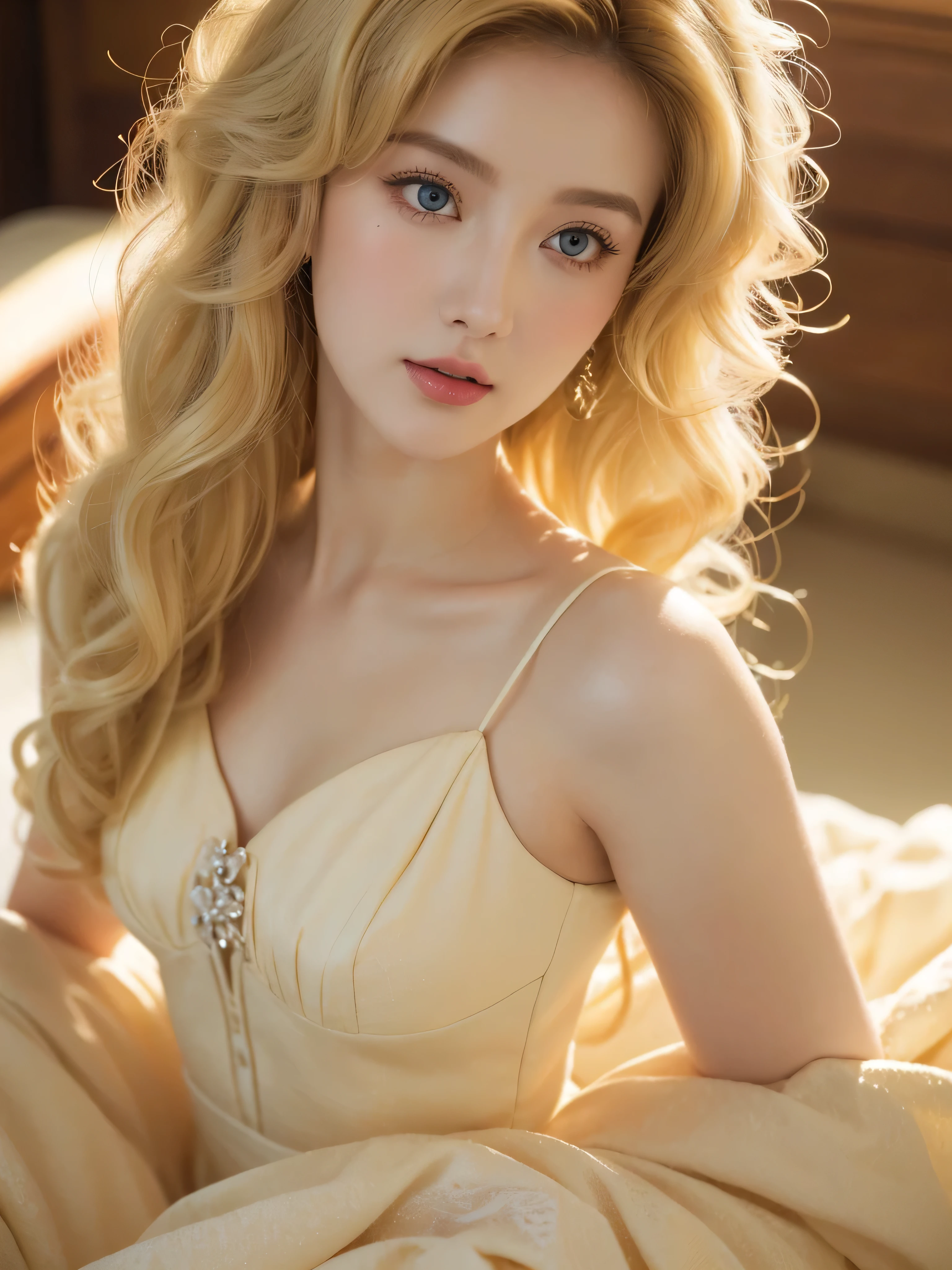 (close up of a beautiful 26 year old girl in a pale yellowvintage dress), movie stock photos, camera f1. 6, saturated colors, Vibrant, lifelike textures, Impressive classic lighting, Modern style, sexy full body photo, Evening, Curly hair has just been dyed light blonde