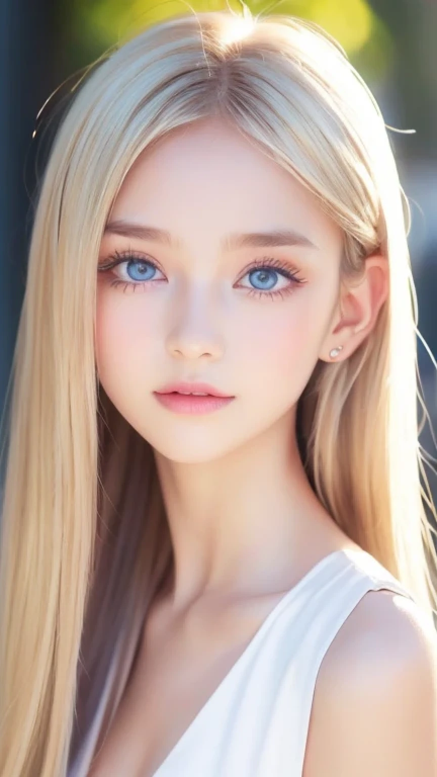 The Shining, clear, White skin、Her windblown blonde hair hides her beautiful face、A stunning 16-year-old blonde beauty、Bangs between the eyes、Cute sexy little beautiful face、Eye-catching, beautiful, super long straight hair、growing up, Large, sparkling, very bright light blue eyes、Long, silky bangs that cover cute eyes, Sexy and cute young woman with super long hair hiding her sexy face、Ultra long platinum hair、Small Face Beauty、Round face、Cheek gloss highlighter、