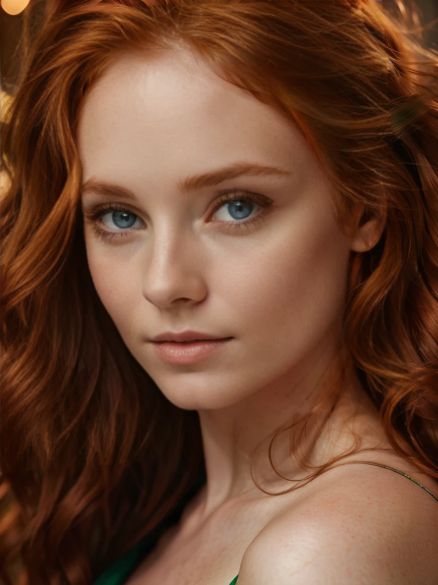 Hyper-realistic UHD 4K image, Portrait of a beautiful woman in photographic quality, redhead, long curl hair, emerald green eyes, masterpiece
