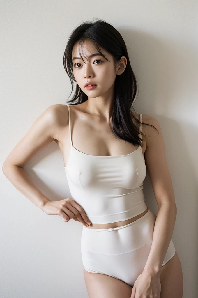 See-through tops、Big Breasts、camisole、Waistline、Abdominal muscles、Silky Hair、(背景にWhite wall、Some of her hair is yellow:1.4)、White wall、In front of a white door、(窓のあるWhite wallの部屋)、((Highest quality、8k、masterpiece:1.3))、Ultra-high resolution、(photoGenuineistic:1.4)、RAW Photos、Japanese,(detailed aspects)、Genuine、Photographed in natural light、Highly detailed face and skin texture、Highly detailed lips、The correct state of the human body、Medium Hair、Black Hair、Various poses、Natural color lip