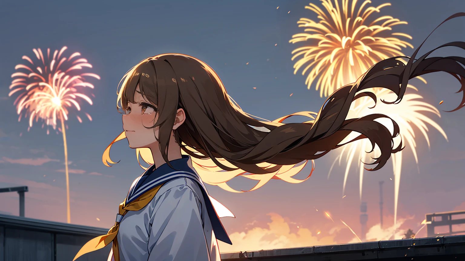 School rooftop at night。Profile of a high school girl crying after watching fireworks。Tears are running down my cheeks and dripping down my chin。The high school girl has light brown hair and her long hair is blowing in the wind.。The light of the fireworks gently illuminates my face。