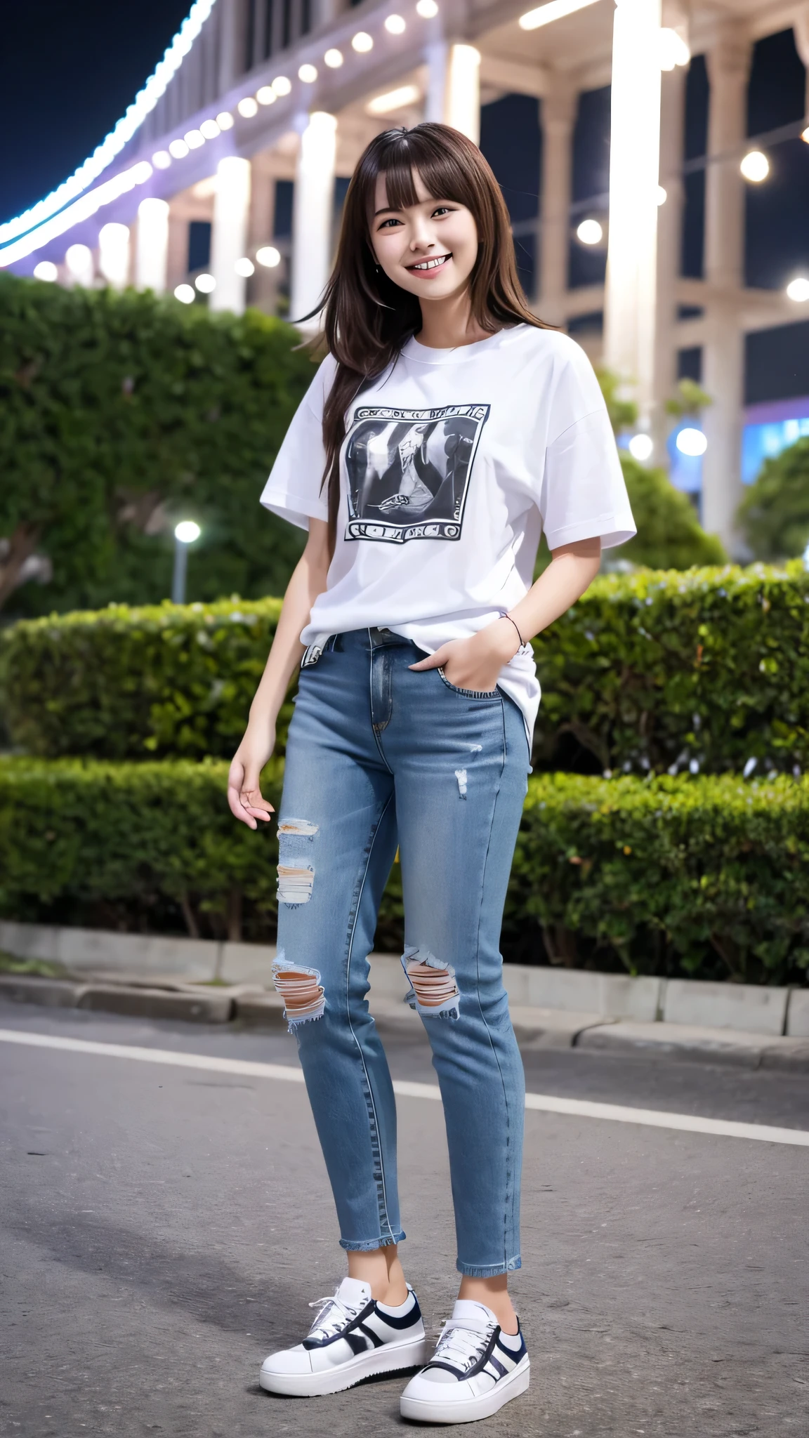 Woman wearing a t-shirt, white jeans and sneakers。Full body photo、Are standing、smile、Background is a park at night。.