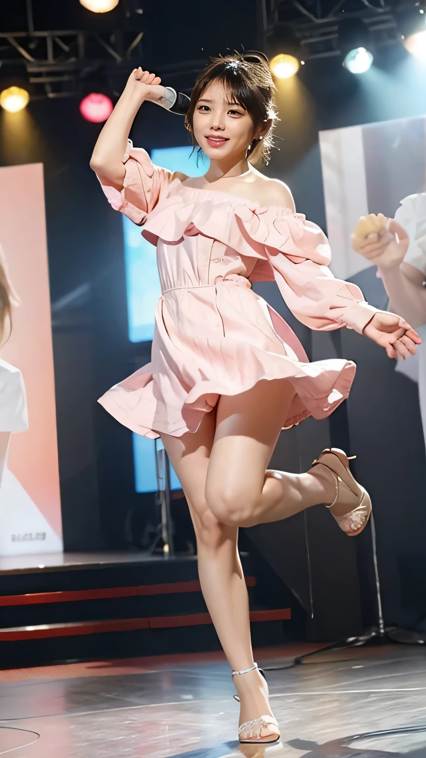 (8k、RAW Photos、Highest quality、masterpiece:1.2)、(Realistic、Realistic)、1 girl、((Light pink off-the-shoulder dress、On stage、In the spotlight、Short Bob、View from the front、smile、Looking into the camera 、smile、Full body photo:1.5))、cute、Large Breasts、Sing with a microphone、to dance、((The skirt flutters in the wind))、White panties