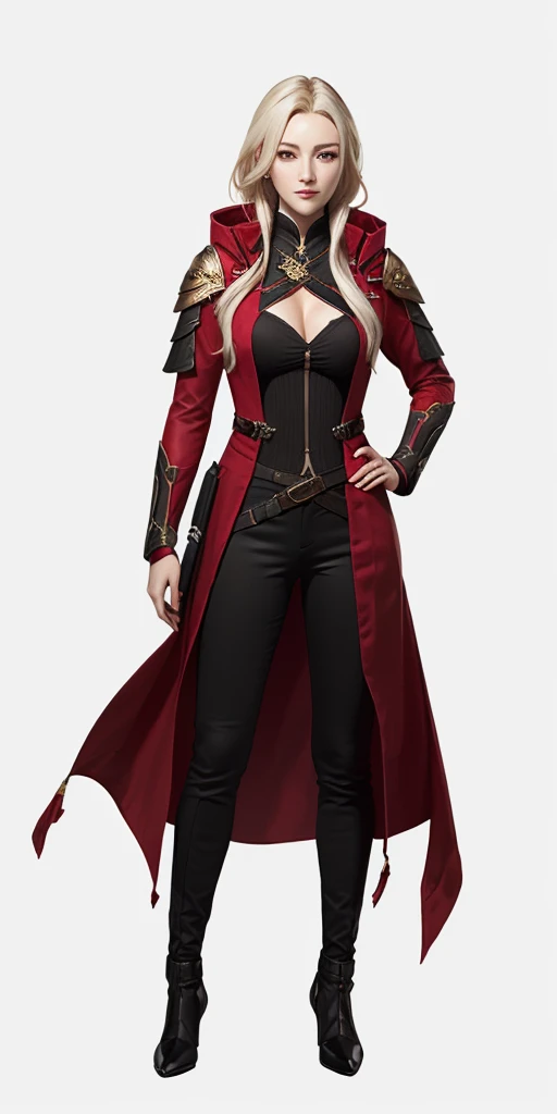 a woman in a red coat and black pants standing in front of a black background, edelgard fire emblem, edelgard from fire emblem, crimson attire, female rouge assassin, full body xianxia, crimson clothes, render of april, ashe, female character, 8 k character details, render of mirabel madrigal, lineage 2 revolution style, lady in red armor