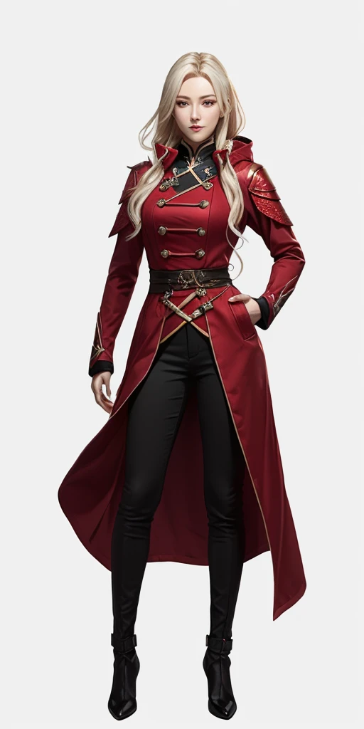 a woman in a red coat and black pants standing in front of a black background, edelgard fire emblem, edelgard from fire emblem, crimson attire, female rouge assassin, full body xianxia, crimson clothes, render of april, ashe, female character, 8 k character details, render of mirabel madrigal, lineage 2 revolution style, lady in red armor