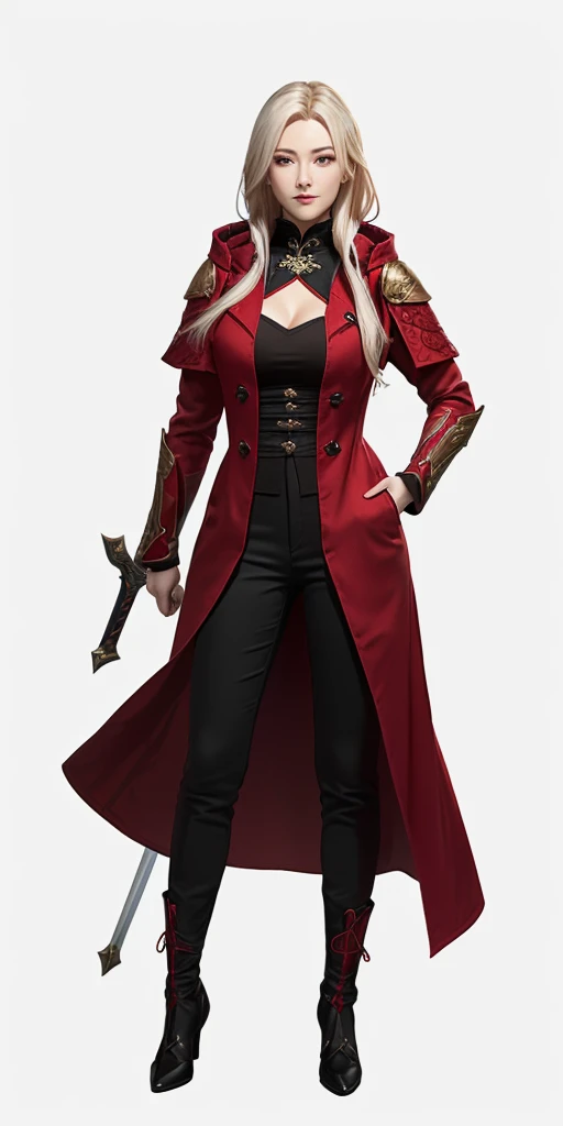 a woman in a red coat and black pants standing in front of a black background, edelgard fire emblem, edelgard from fire emblem, crimson attire, female rouge assassin, full body xianxia, crimson clothes, render of april, ashe, female character, 8 k character details, render of mirabel madrigal, lineage 2 revolution style, lady in red armor