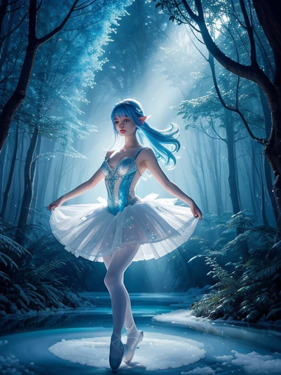 Beautiful elf in a white ballet dress、Blue Hair、Dancing on the ice in the Demon Forest、Mysterious fantasy painting、Light tones