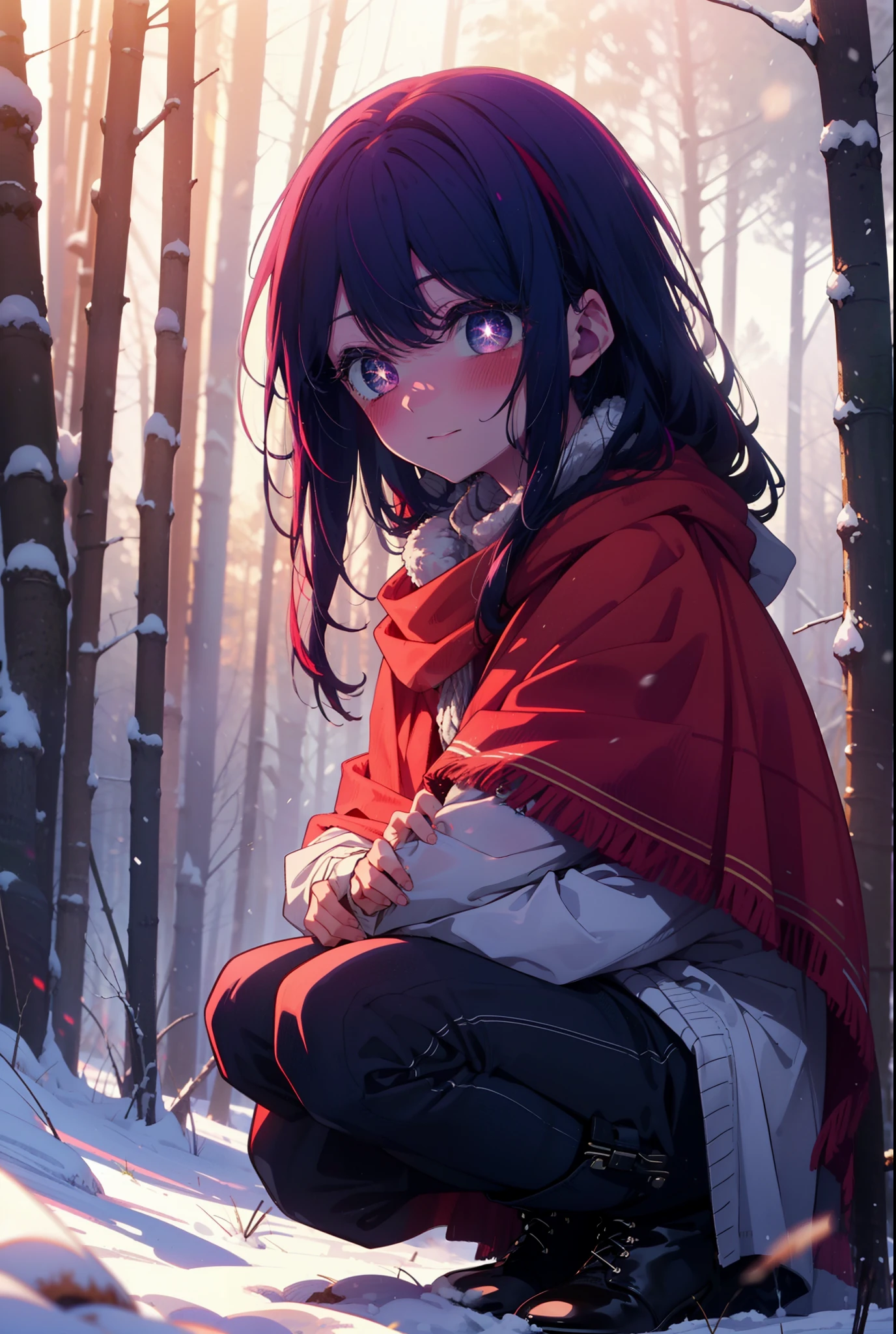 aihoshino, Ai Hoshino, Long Hair, bangs, (Purple eyes:1.1), Purple Hair, (Symbol-shaped pupil:1.5), smile,,smile,blush,white breath,
Open your mouth,snow,Ground bonfire, Outdoor, boots, snowing, From the side, wood, suitcase, Cape, Blurred, , forest, White handbag, nature, Squat, Mouth closed, Cape, winter, Written boundary depth, Black shoes, red Cape break looking at viewer, Upper Body, whole body, break Outdoor, forest, nature, break (masterpiece:1.2), Highest quality, High resolution, unity 8k wallpaper, (shape:0.8), (Beautiful and beautiful eyes:1.6), Highly detailed face, Perfect lighting, Extremely detailed CG, (Perfect hands, Perfect Anatomy),
