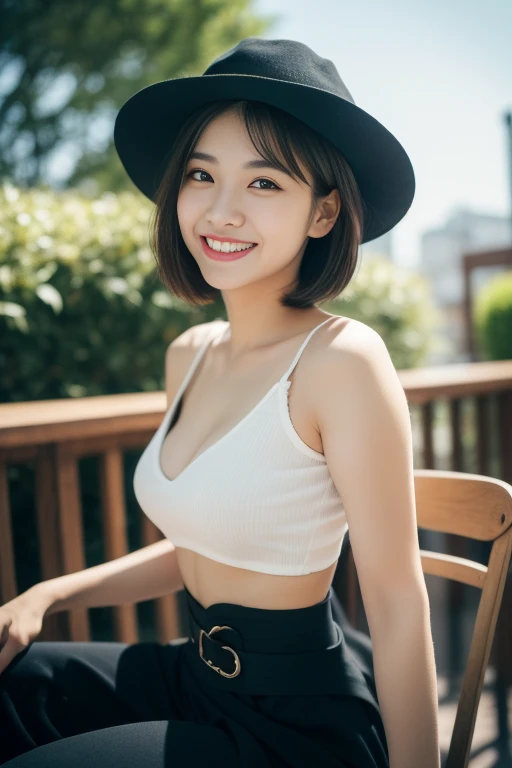 (((Top quality, 8K, Masterpiece: 1.3)), Beautiful girl, Pure, Melon face, Feminine and cute, Kind smile, Pure desire, Slender body, (Front), (Tilted head), ((Looking at camera) ), wearing a colorful suit, black silky short bob hair ponytail, long flowing shoulders, round black big eyes, clear big eyes, moist red lips, sweet, sitting on a chair, cafe terrace background ,(((waist shot))),SFW, Bokeh, sophie hatter, magical, hat 🎩)