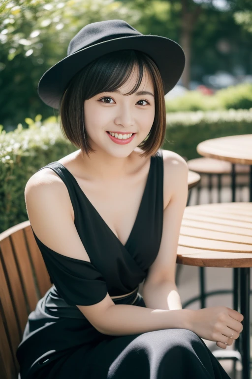 (((Top quality, 8K, Masterpiece: 1.3)), Beautiful girl, Pure, Melon face, Feminine and cute, Kind smile, Pure desire, Slender body, (Front), (Tilted head), ((Looking at camera) ), wearing a colorful suit, black silky short bob hair ponytail, long flowing shoulders, round black big eyes, clear big eyes, moist red lips, sweet, sitting on a chair, cafe terrace background ,(((waist shot))),SFW, Bokeh, sophie hatter, magical, hat 🎩)