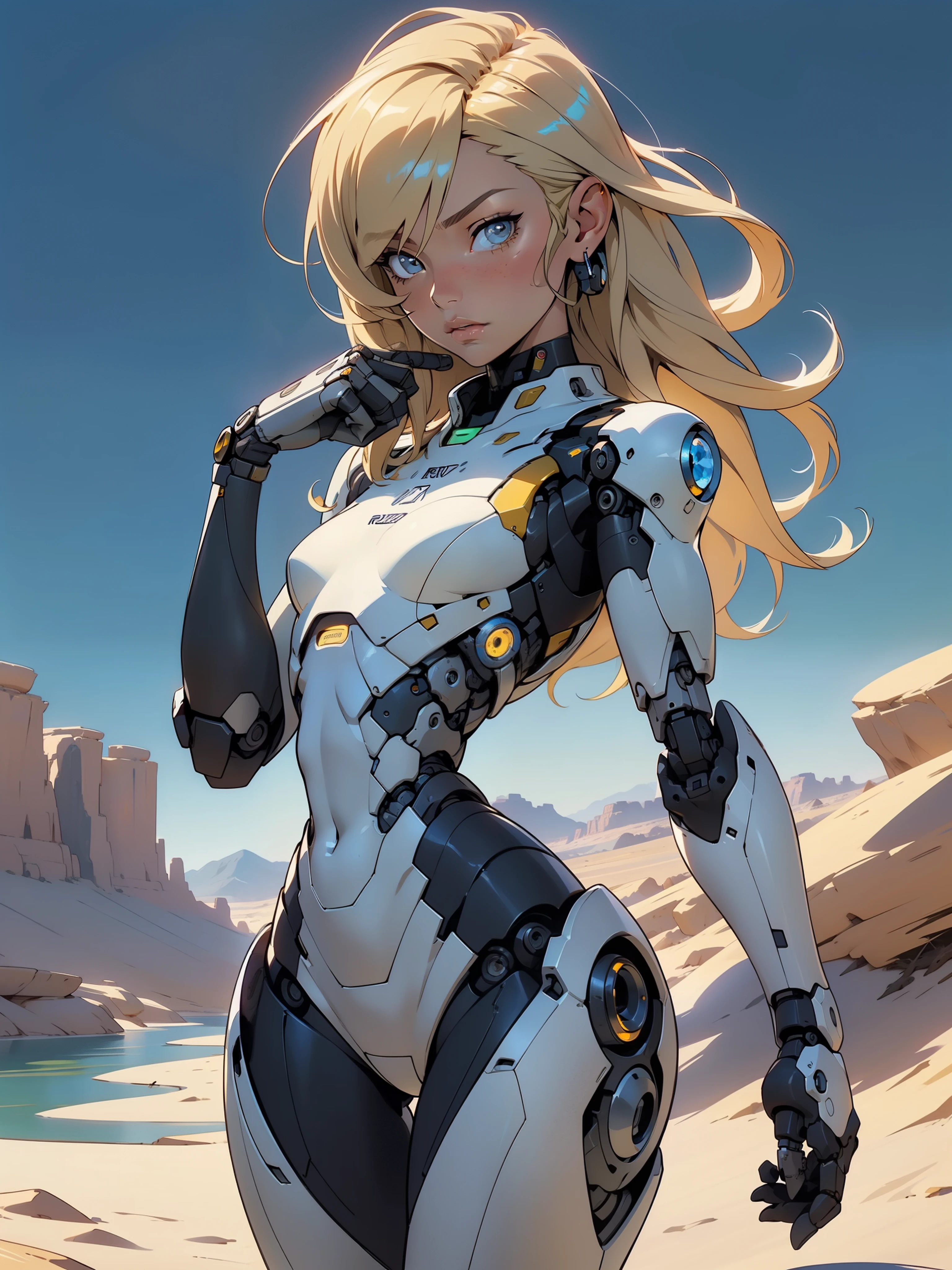 high quality, 4k, masterpiece, beautiful, cyborg girl, cowboy shot, dull eyes, looking at viewer, long blonde hair, girl, small breasts, slim thighs, robotic arms, robotic body, cyborg body, yellow accent, intricate detail, joint, detailed lines, robotic detail, holding fist up, holding hand up as fist, color robotic parts, robotic parts with color, perfect fingers, on a desert planet, sunny background, colorful desert, a river or a lake in the background