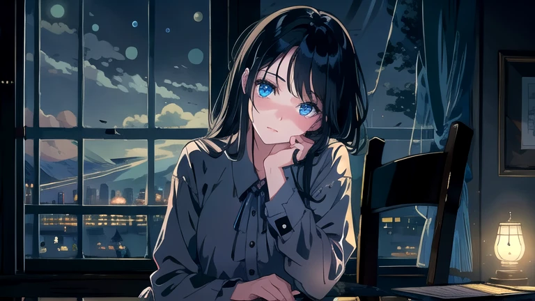 Create an illustration of a girl with black hair and blue eyes, sitting in a chair in front of a desk, Sentimental, Introspective look。, The moonlight gently shines into the room, Gently illuminate the space, Curtains sway in the wind, Increase tranquility, Dark mood, Emphasise the theme of loneliness, silence, And the depths of night, The room is dark、dimly lit by the moonlight