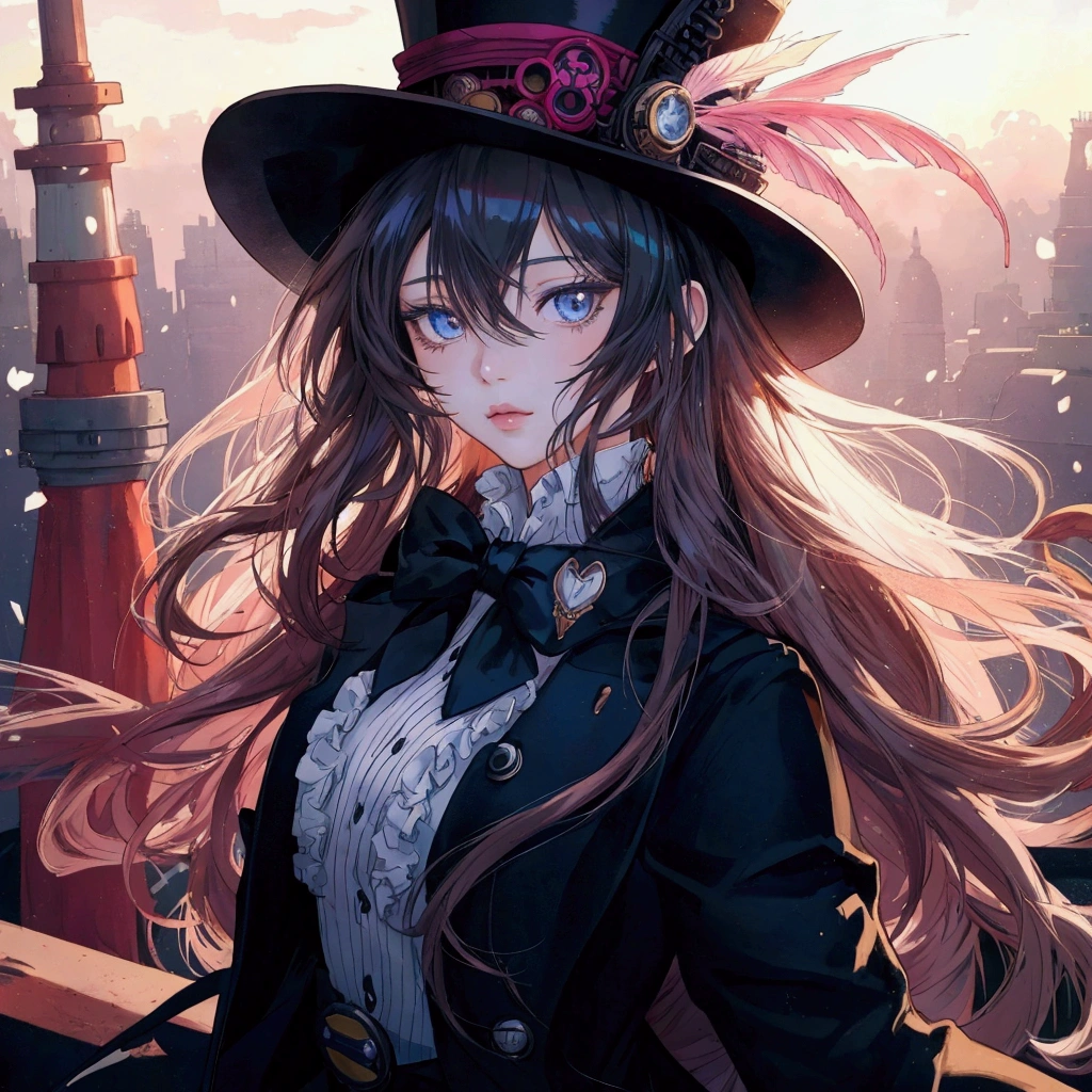 anime girl with long hair wearing a top hat and a black jacket, cute anime portrait, anime portrait , detailed portrait of anime girl, Cute anime girl, stunning anime face portrait, beautiful anime woman, portrait of an anime girl, steampunk beautiful anime woman, female anime character, anime girl with long hair, detailed anime digital art, trends on artstation pixiv