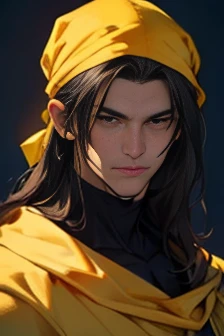 Dark-haired man looking at the camera、Bust Shot、(((Yellow bandana on head))),(((Muscular)))、(Very detailed CG ユニティ 8k 壁紙,masterpiece, Highest quality, Very detailed),(Best lighting, Best Shadow, Very delicate),good looking ,Roleplaying、Small eyes、Long Hair、Fantasy style clothing、Yellow clothes、Yellow Cape、