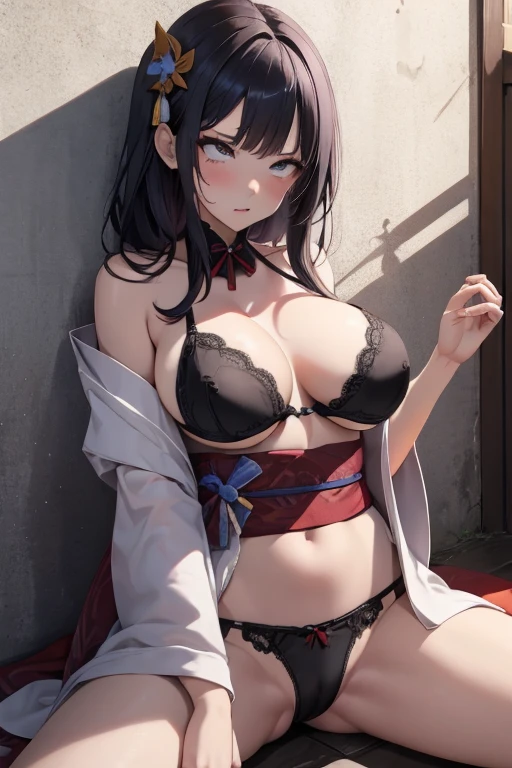 kimono,Ripped garments,Being attacked by a man,Big Breasts,indoor,Face of anguish,naked ,Black underwear,Pressed against the wall,Half-undressed bra,Spread your legs