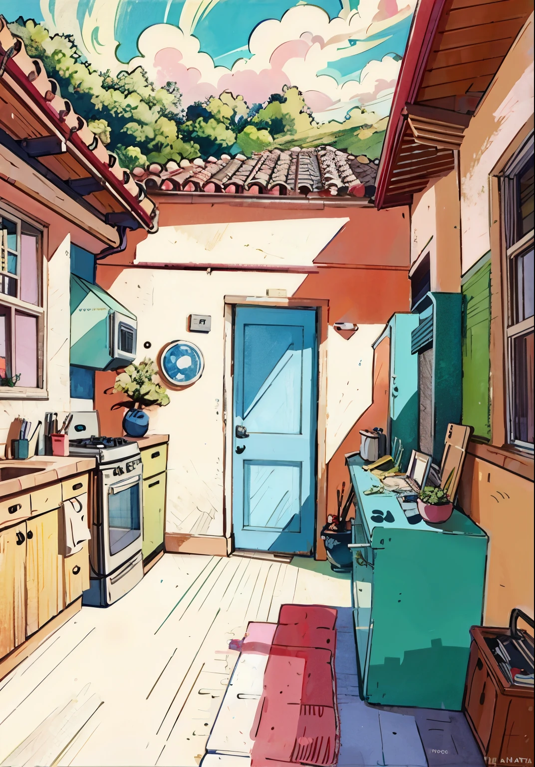 The kitchen door is blue, Anime Background艺术, On sunny days,Kitchen at home, 旧Kitchen background, Anime Background, Studio Ghibli Sunshine, Studio Ghibli style, Studio Ghibli Environment, 旧Kitchen background angled view, studio Ghibli art style, Anime Landscape Concept Art, Studio Ghibli Aesthetics, Kitchen background, Ghibli art style, studio Ghibli art style