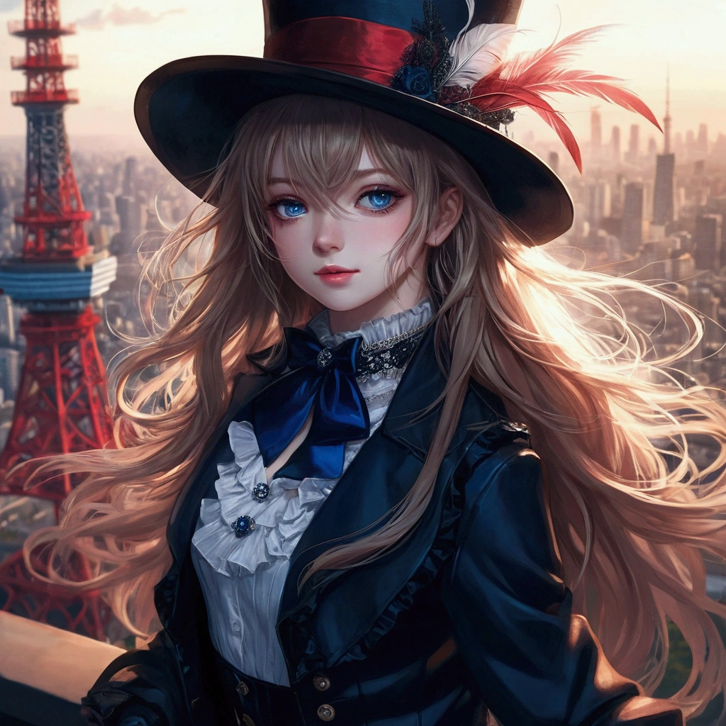 a girl, adolescent, long, light hair with a fringe that partially covers her eyes, deep blue eyes with an intense shine, pale skin radiating a soft light, wearing a black Victorian top hat with a red line over the brim, a white feather on the left side of the hat, a navy blue blouse with ruffled edges at the collar and cuffs, over the blouse, there is a coat with a lowered hood in dark red color, a black lace necklace with a small blue sapphire pendant around the neck, black pantyhose with a floral pattern, black leather high boots, black leather gloves with finger openings, She&#39;s at the top of the Tokyo Tower, in a dynamic heroic pose, sideways to the screen, facing the city with a slight hopeful smile.
