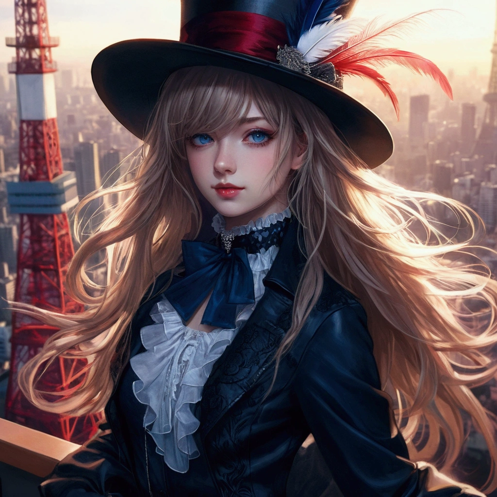 a girl, adolescent, long, light hair with a fringe that partially covers her eyes, deep blue eyes with an intense shine, pale skin radiating a soft light, wearing a black Victorian top hat with a red line over the brim, a white feather on the left side of the hat, a navy blue blouse with ruffled edges at the collar and cuffs, over the blouse, there is a coat with a lowered hood in dark red color, a black lace necklace with a small blue sapphire pendant around the neck, black hose with a floral pattern, black leather high boots, black leather gloves with finger openings, She's at the top of the Tokyo Tower, in a dynamic heroic pose, sideways to the screen, facing the city with a slight hopeful smile.