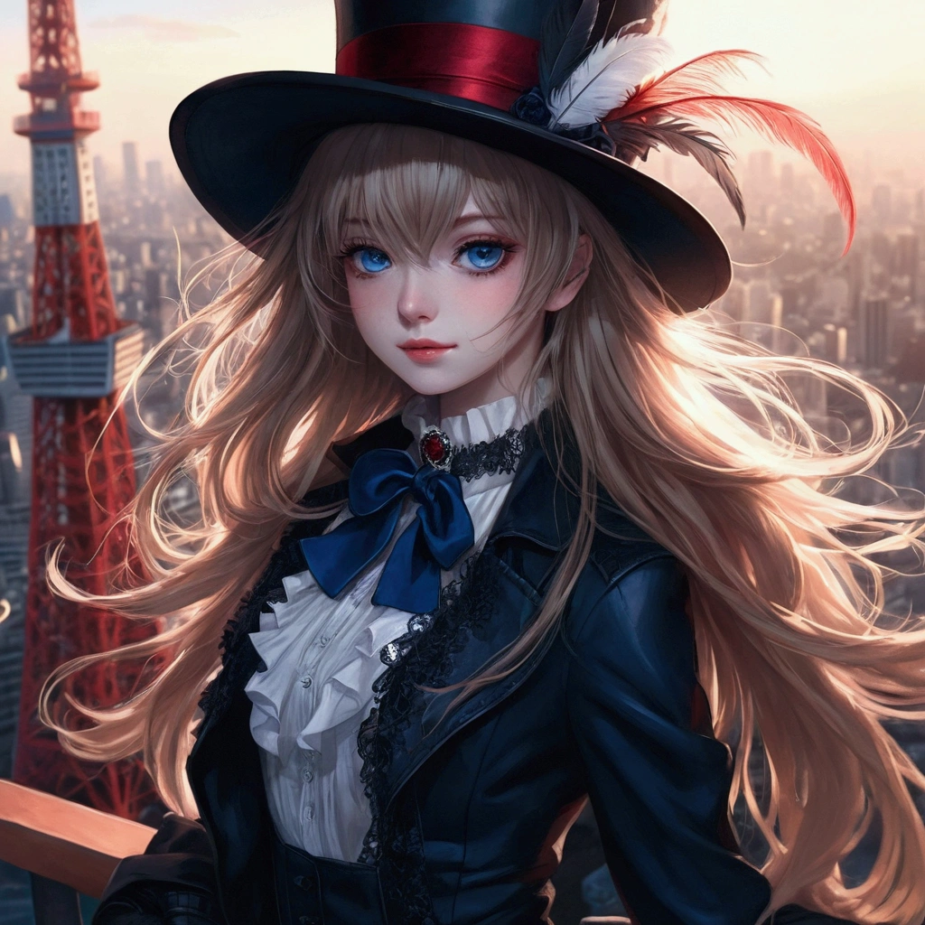 a girl, adolescent, long, light hair with a fringe that partially covers her eyes, deep blue eyes with an intense shine, pale skin radiating a soft light, wearing a black Victorian top hat with a red line over the brim, a white feather on the left side of the hat, a navy blue blouse with ruffled edges at the collar and cuffs, over the blouse, there is a coat with a lowered hood in dark red color, a black lace necklace with a small blue sapphire pendant around the neck, black pantyhose with a floral pattern, black leather high boots, black leather gloves with finger openings, She's at the top of the Tokyo Tower, in a dynamic heroic pose, sideways to the screen, facing the city with a slight hopeful smile.