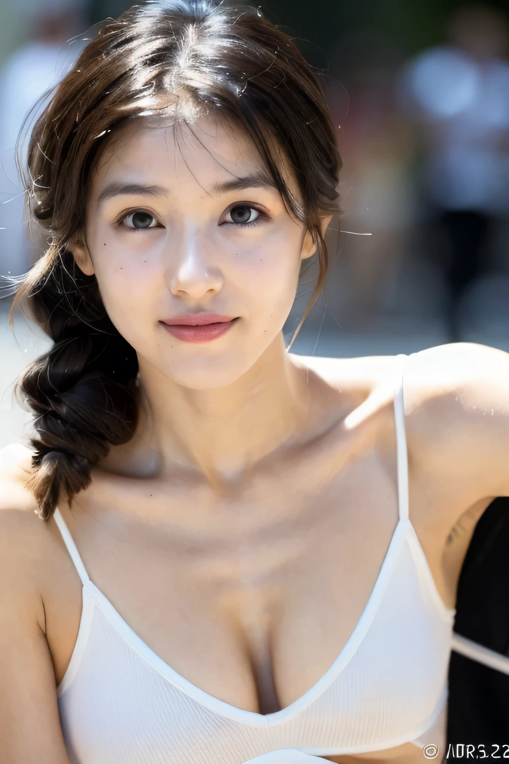 ((Highest quality, 8k, masterpiece: 1.3)), sharp: 1.2, Perfect Body Beauty: 1.6, ((Layered Hairstyles, Small breasts: 1.0)), Hands on the street railing, Lifting your hips and leaning forward, Angle looking up at a woman from below, (((Hair tied up at the back of the head))), ((Nipple swelling)), ((U-neck sleeveless shirt)), ((necklace)), Earrings, ring, Bracelet, Hair Accessories, ((Beautiful young woman in her 20s)), ((Straight nose)), (Eyeliner), Armpit Hair, Bristles, ((Beautiful Skin)), Wavy Hair, Beautiful attention to detail, Super detailed, Highly detailed face and skin texture, fine grain, double eyelid, Black Hair, Big Ass, Lower Body, Thighs, (((Skinny))), Wet and shiny lips, smile, Get a grip on your body, ((Anatomically correct human body)), ((Crisp body shape)), Ribs, clavicle, Protruding skeleton, A face without nasolabial folds, Shyness, Thin eyebrows, Big eyes