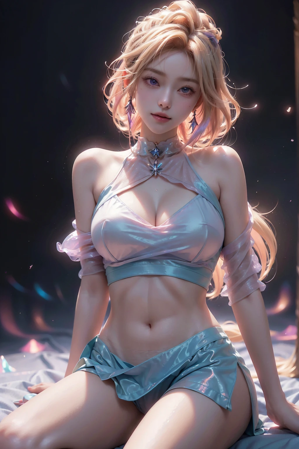 kda, (whole body), ((sit)), (Surrealism), (illustration), (Resolution enhancement), (8K), (Very detailed), (Best illustration), (Beautiful and delicate eyes), (best quality), (Extremely detailed), (masterpiece ), ( wallpaper), (Delicate face),A blonde, curls,(High top fade in and out:1.3), (Smile brightly, Beautiful appearance), Dark theme, Soothing tone, Soft colors, High contrast, (Natural skin texture, Surrealism主义, Soft Light, impatient),Exposure Blending, Medium shot, Bokeh, High contrast, (Movie, Cyan and Orange:0.85), (Soft colors, fade, Soothing tone:1.3), High Saturation, (Extremely detailed:1.2),(Large Breasts :1.2)