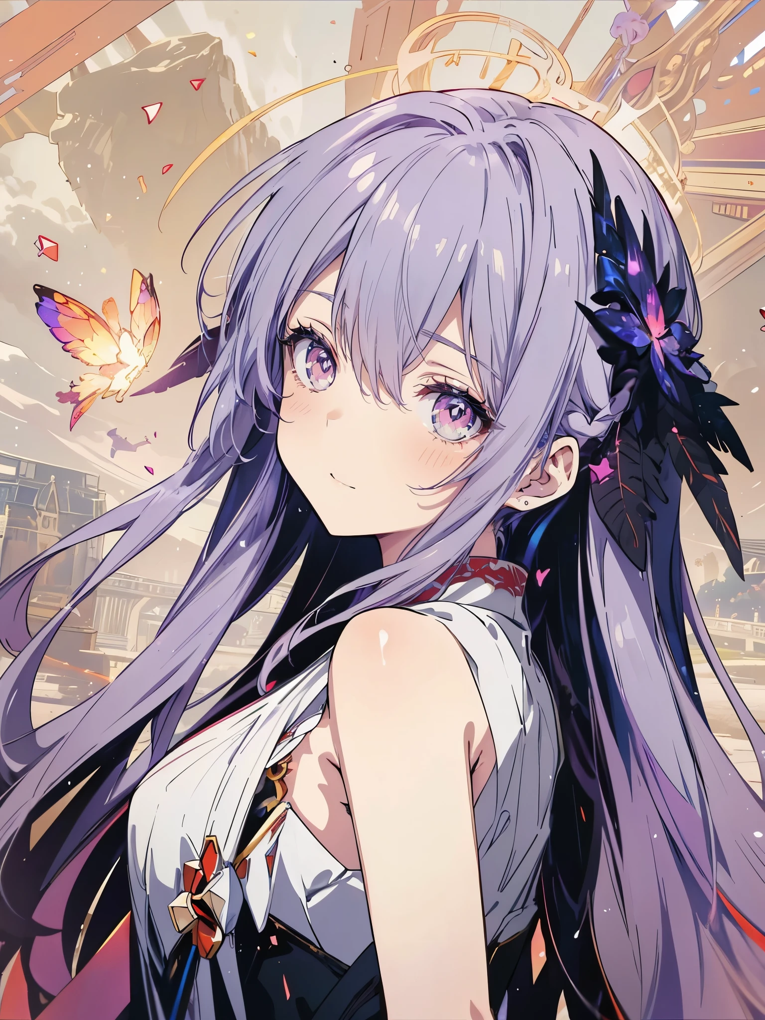 One girl, Beautiful and fine details, Long purple hair, Pale red eyes, Princess Dress, Glowing Skin, resolution, (Anime Style:1.6)High Contrast, ((Mastepiece, Highest quality))Vast landscape photography, (View from below with views of the sky and wilderness below), Girl looking up, (full moon: 1.2), (shooting star: 0.9), (nebula: 1.3), Distant Mountain, Treebreak Production Art, (Warm light source: 1.2), (fire Fly: 1.2), Purple and Orange, Intricate details, Volumetric Lighting, Realism Break (Mastepiece: 1.2) (Highest quality), 4K, Super detailed, (Dynamic Configuration: 1.4), Extremely detailed and colorful, (Iridescent colors: 1.2), (Brilliant lighting, Ambient lighting), dream-like, Magic, (alone: 1.5) Perfect Fingers