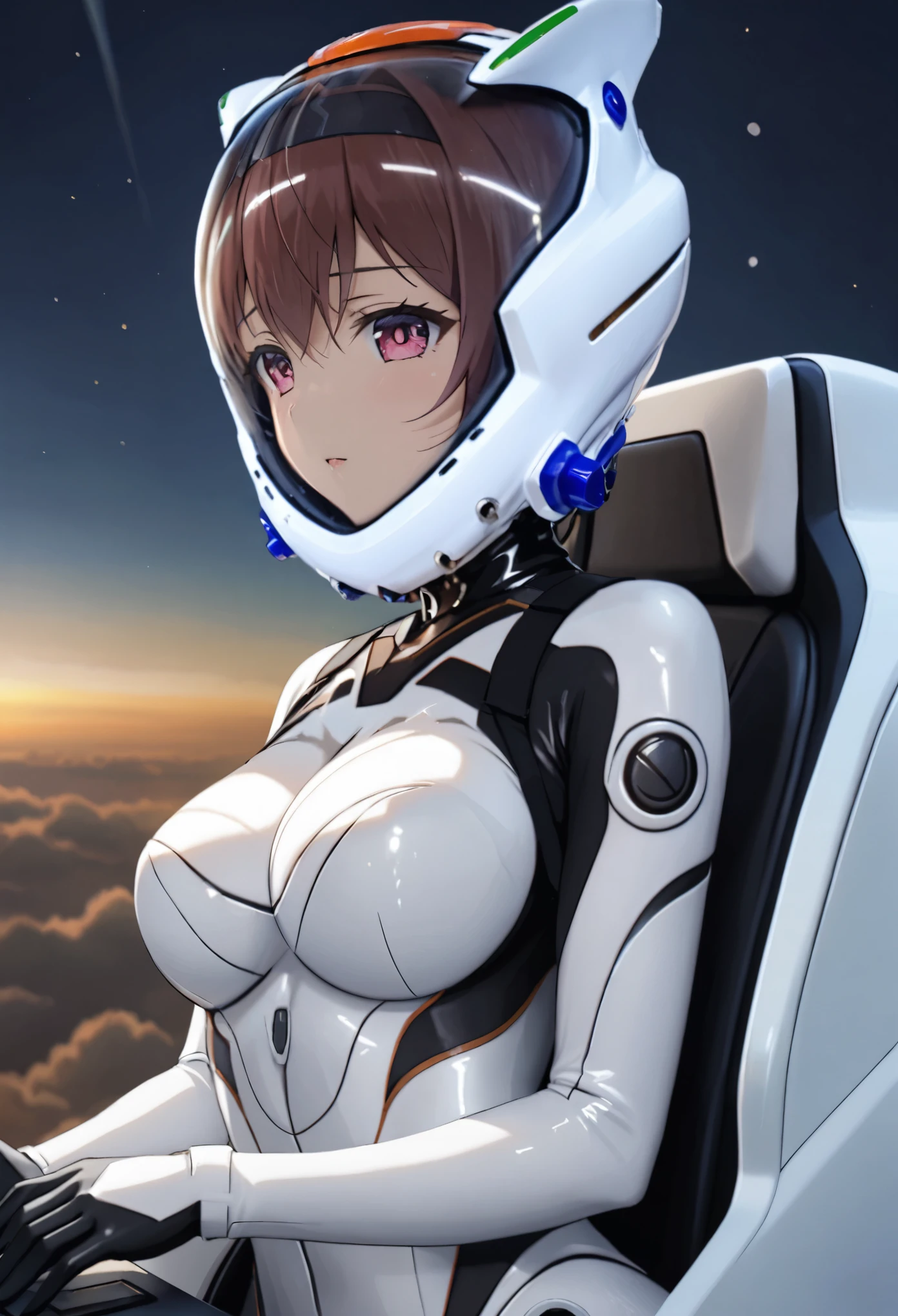 ((Female pilot in the cockpit of a reconnaissance plane), (airplane cockpit), (in flight), (10000 feet altitude)、(sky view):1.7),, short hair, street, emo, BLACK hair, white eyes, eyeliner, apocalypse, girl, nside the (cockpit:1.9) of a (futuristic spaceship:1.6), , blush,sitting on a chair, covered navel, space helmet, muvluv, space helm, plug suit , space helmet, eva helm, space suit, short hair, FROM SIDE