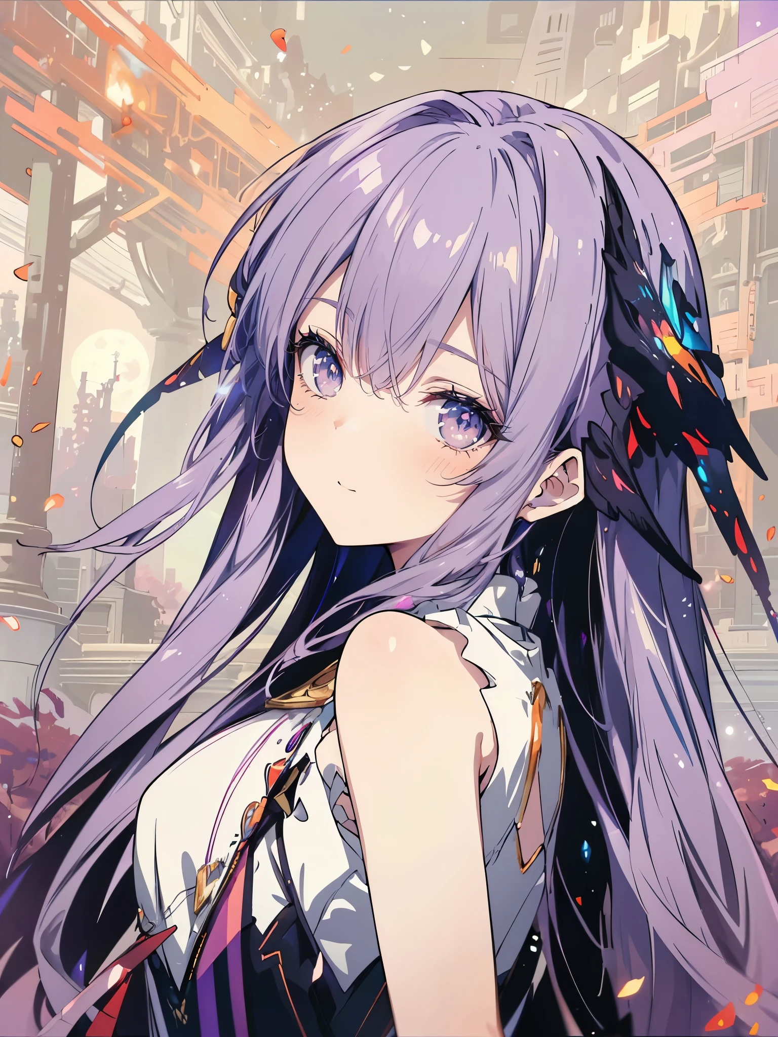 One girl, Beautiful and fine details, Long purple hair, Pale red eyes, Princess Dress, Glowing Skin, resolution, (Anime Style:1.6)High Contrast, ((Mastepiece, Highest quality))Vast landscape photography, (View from below with views of the sky and wilderness below), Girl looking up, (full moon: 1.2), (shooting star: 0.9), (nebula: 1.3), Distant Mountain, Treebreak Production Art, (Warm light source: 1.2), (fire Fly: 1.2),  Purple and Orange, Intricate details, Volumetric Lighting, Realism Break (Mastepiece: 1.2) (Highest quality), 4K, Super detailed, (Dynamic Configuration: 1.4), Extremely detailed and colorful, (Iridescent colors: 1.2), (Brilliant lighting, Ambient lighting), dream-like, Magic, (alone: 1.5)　Perfect Fingers


