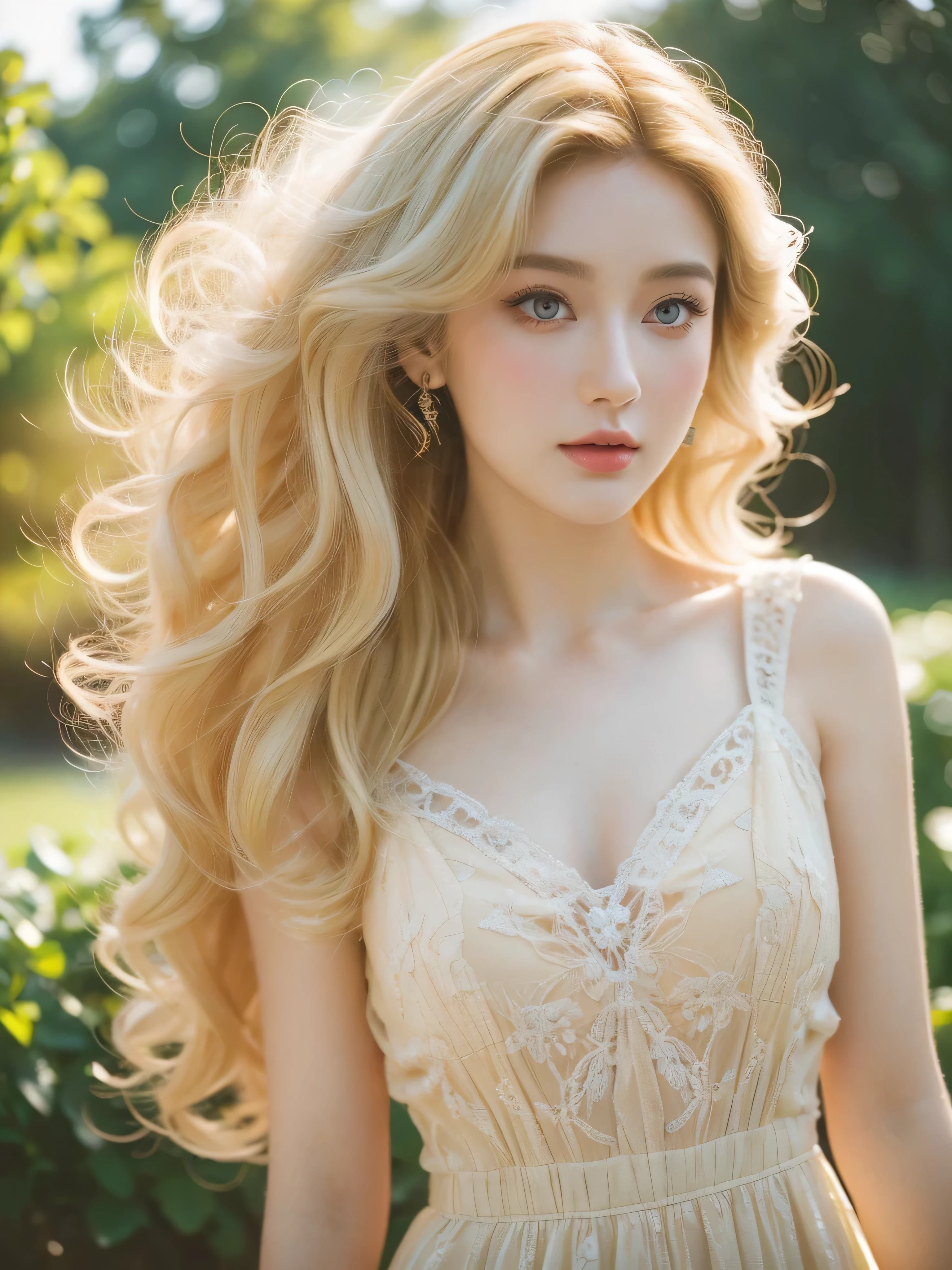 (close up of a beautiful 26 year old girl in a pale yellowvintage dress), movie stock photos, camera f1. 6, saturated colors, Vibrant, lifelike textures, Impressive classic lighting, Modern style, sexy full body photo, Evening, Curly hair has just been dyed light blonde