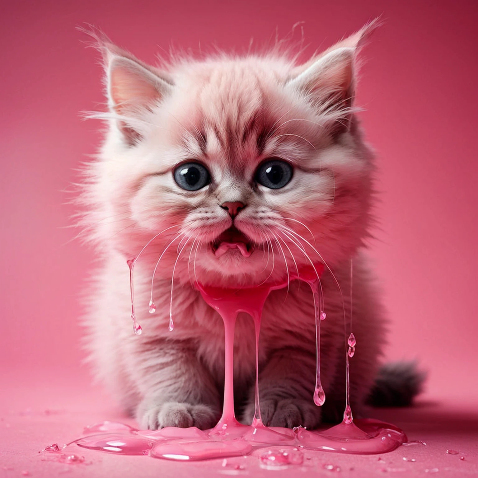 araffe cat with pink liquid dripping on it's face, liquid cat, cat drinking milk, cute cat photo, cute cat, cute kitten, funny cat, cute animal, cute, cute artwork, kitten, cuteness, adorable, kawaii cat, cutest, adorable digital painting, water dripping off him, awwwww, cute digital art, covered in pink flesh, pouring