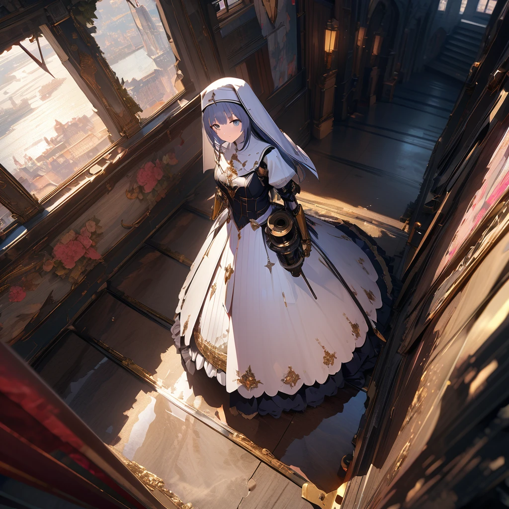 A mechanical angel nun equipped with a Gatling gun、（Underground Shelter:1.2）、ruins、Detailed Background、Detailed write-up、４ｋ、uhd、Absurd、Ultra Quality、Masterpiece、quality\(8k,非常に精細なCGユニットのwallpaper, masterpiece,High resolution,top-quality,top-quality real texture skin,Surreal,Increase the resolution,RAW Photos,最高quality,Very detailed,wallpaper,Cinema Lighting,Ray-tracing,Golden Ratio\),Dynamic Angle