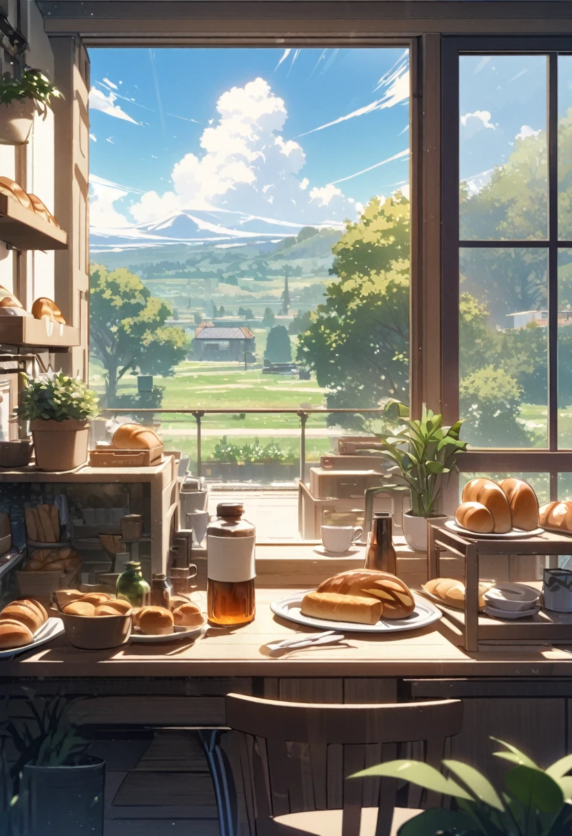 (masterpiece:1.2), best quality,pixiv,Warm animated scenes, landscape, No humans, Sky, plant, window, food, cloud, Sky, cup, shelf, Tree, Competent, tCompetent, bottle, Sunlight, blue Sky, indoors, potted plant, bread, plate, Chair, Shop, fan,