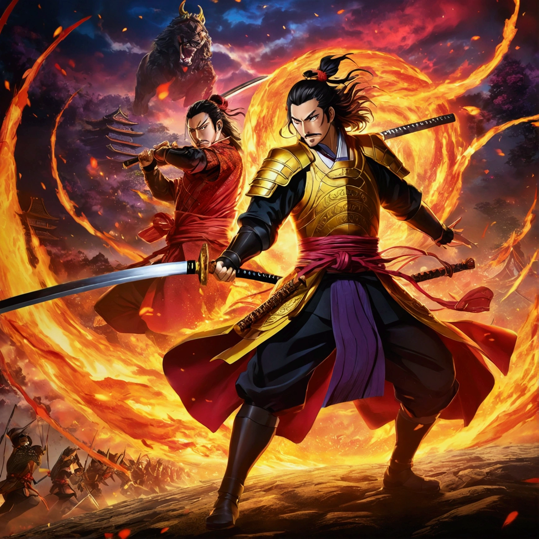 [The characters from Demon Slayer are battling alongside Oda Nobunaga in a fantastical world, arranged diagonally. Vibrant colors and mystical light envelop them, depicting a grand battle scene. Nobunaga's armored figure dances in the wind as the swordsmen of the Demon Slayer Corps confront the power of the demons. This captured moment is a fusion of the world of Demon Slayer and the historical presence of Oda Nobunaga, creating a fantastical spectacle.]

English image generation prompt:

Create an image where the characters from Demon Slayer are engaged in a majestic battle alongside Oda Nobunaga in a fantastical world. The characters should be arranged diagonally, with vibrant colors and a mysterious glow surrounding them. Show Oda Nobunaga in his armor, gracefully moving in the wind. The swordsmen of the Demon Slayer Corps should be depicted bravely facing off against the power of the demons. Capture the intensity and grandeur of the battle scene. Use vivid colors and ethereal lighting to convey a sense of fantasy and mystique.
