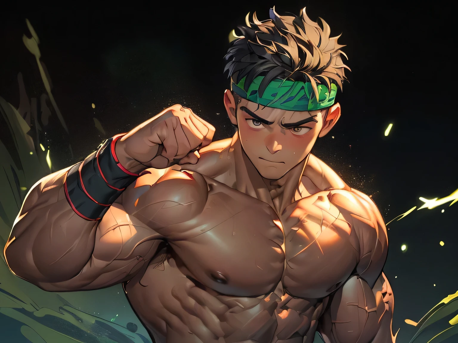 ((masterpiece, best quality)), (((((black background, deep night, upper body))))), (19 year old boy, worm eyes, Young boy, muscler, Shirtless, topless), ((((1boy, flesh, tough, reliable, developed body, blue and green aura effect, holding aura energy)))), (Dark Short straight hair, ((almost completely shaved hair)), under cut, brown eyes), (((red headband, black wristband))), Vivid colors, ((hot Abs:1.2, abs!, big abs, big breast:1.2, chest!, muscler upper arms)), muscler!, muscler body, detailed face, detailed muscle, (((rippling muscles, boxing stance, uppercut, body blow)))