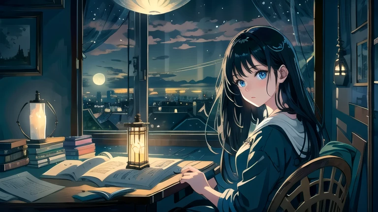 Create an illustration of a girl with black hair and blue eyes, sitting in a chair in front of a desk, Sentimental, Introspective look。, The moonlight gently shines into the room, Gently illuminate the space, Curtains sway in the wind, Increase tranquility, Dark mood, Emphasise the theme of loneliness, silence, And the depths of night, The room is dark、dimly lit by the moonlight