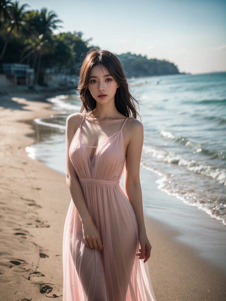 1 woman, (looking at viewer:1.2), detail face, (standing girl, Lending on cgsociety, beach background), romanticism, atmosphere, (RAW photos, best quality), (realistic, photo-realistic:1.3), masterpiece, very delicate and beautiful, very detailed, d cup，class photo，（Wearing a translucent pink tulle dress1.5）
